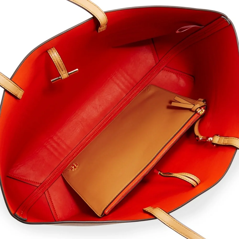 Tory Burch Block-T Striped Leather Tote Bag Crema - Picture 2 of 8